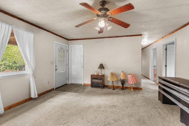 210 Welch Rd, Tazewell, TN 37879 - sitting room with carpet floors, baseboards, a textured ceiling, crown molding, and ceiling fan