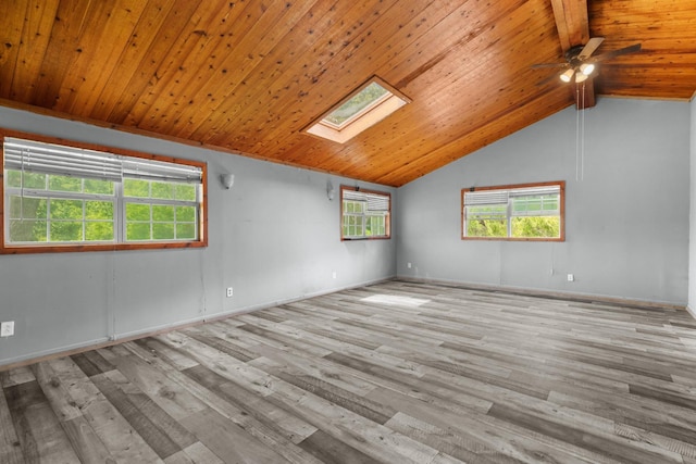 210 Welch Rd, Tazewell, TN 37879 - unfurnished room with lofted ceiling, a skylight, wood finished floors, wooden ceiling, and a ceiling fan