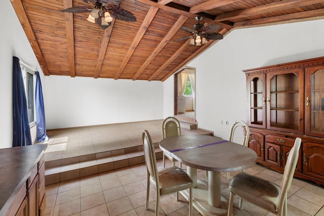 210 Welch Rd, Tazewell, TN 37879 - dining area with wooden ceiling, ceiling fan, and light tile patterned floors