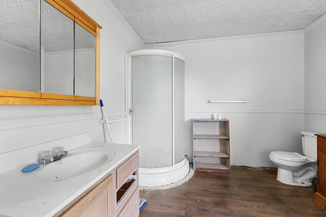 210 Welch Rd, Tazewell, TN 37879 - full bathroom featuring a textured ceiling, vanity, a stall shower, wood finished floors, and toilet
