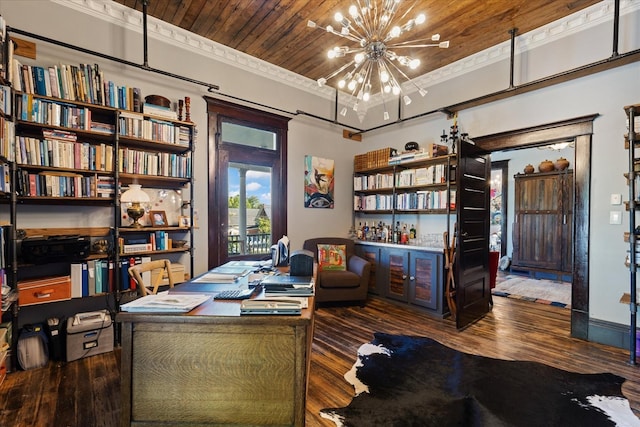 207 Main St E, Wartrace, TN 37183 - office area featuring wood finished floors, a chandelier, and wooden ceiling