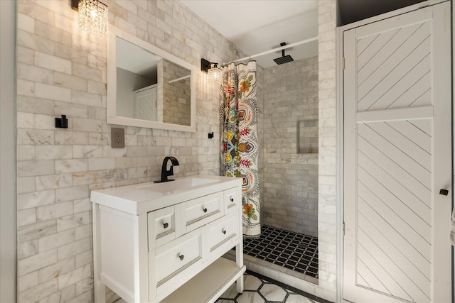207 Main St E, Wartrace, TN 37183 - bathroom with a stall shower, vanity, tile walls, and a chandelier