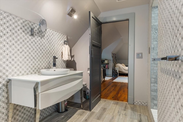 207 Main St E, Wartrace, TN 37183 - bathroom featuring a sink, wood finished floors, and vaulted ceiling