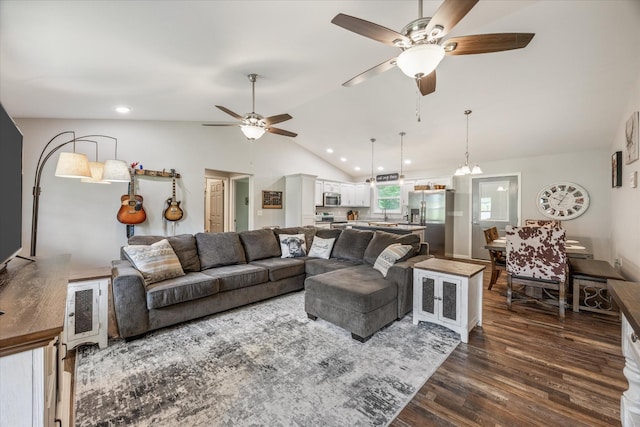 439 Ferry Bend Trl, Crossville, TN 38571 - living area with a ceiling fan, dark wood-type flooring, vaulted ceiling, and recessed lighting