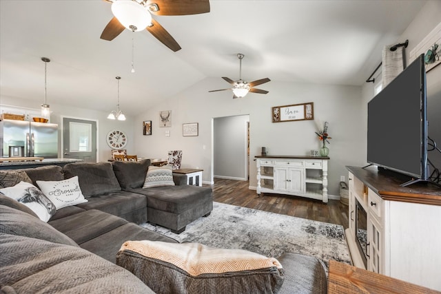439 Ferry Bend Trl, Crossville, TN 38571 - living room with a ceiling fan, dark wood-style flooring, lofted ceiling, and baseboards