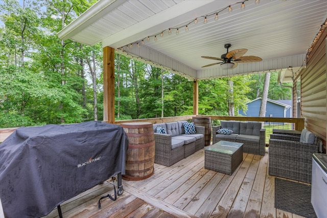 439 Ferry Bend Trl, Crossville, TN 38571 - wooden terrace featuring outdoor lounge area, a grill, and a ceiling fan
