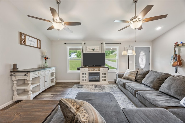 439 Ferry Bend Trl, Crossville, TN 38571 - living room with ceiling fan, wood finished floors, vaulted ceiling, and baseboards