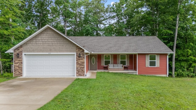 439 Ferry Bend Trl, Crossville, TN 38571 - ranch-style house featuring a porch, a garage, driveway, and roof with shingles