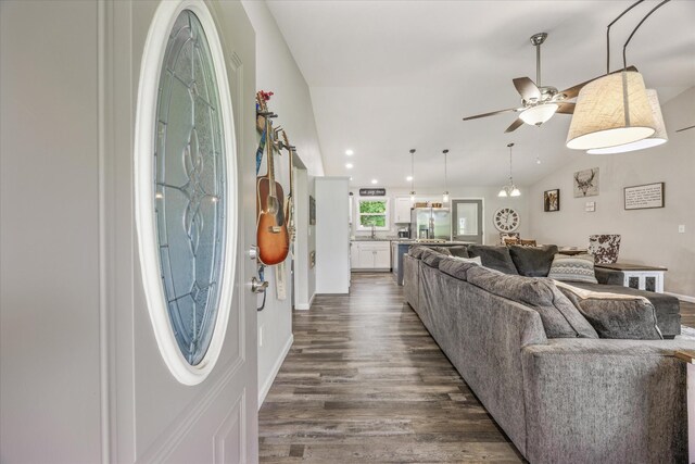 439 Ferry Bend Trl, Crossville, TN 38571 - foyer entrance featuring vaulted ceiling, a ceiling fan, dark wood-type flooring, recessed lighting, and baseboards