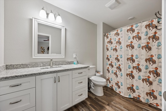 439 Ferry Bend Trl, Crossville, TN 38571 - full bath featuring wood finished floors, vanity, toilet, and a shower with shower curtain