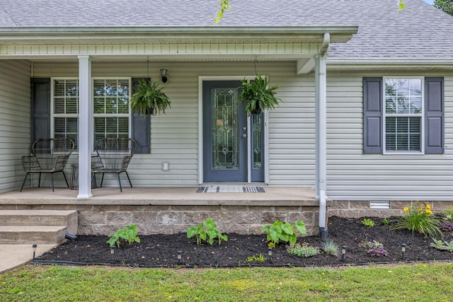 123 Hubbard St, Hohenwald, TN 38462 - entrance to property featuring a porch, crawl space, and roof with shingles