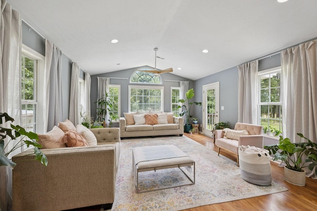 123 Hubbard St, Hohenwald, TN 38462 - living room featuring vaulted ceiling, wood finished floors, and recessed lighting