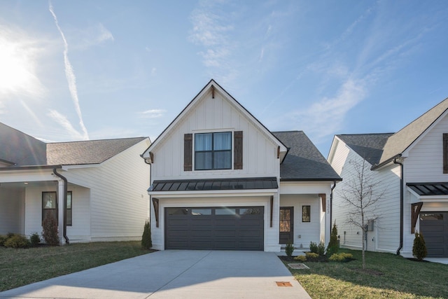 1321 Island View Ct, Nashville, TN 37214 - modern inspired farmhouse with board and batten siding, concrete driveway, a front yard, an attached garage, and a standing seam roof