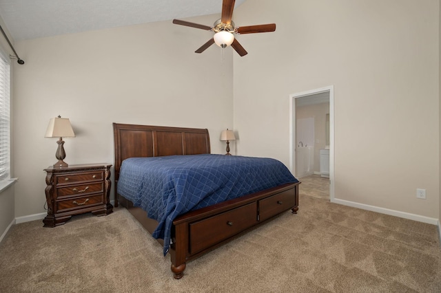 4713 Pompano Ln, Murfreesboro, TN 37128 - bedroom featuring carpet flooring, high vaulted ceiling, ceiling fan, and ensuite bathroom