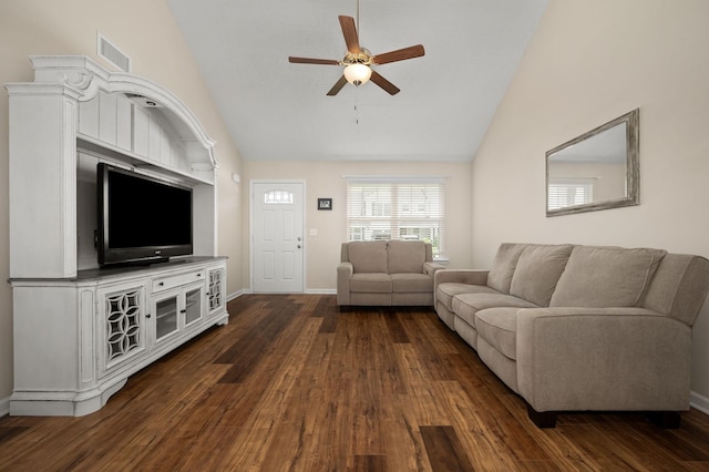 4713 Pompano Ln, Murfreesboro, TN 37128 - living room featuring a ceiling fan, dark wood-style floors, and high vaulted ceiling
