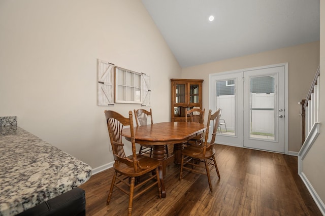 4713 Pompano Ln, Murfreesboro, TN 37128 - dining room with dark wood-style floors, high vaulted ceiling, and recessed lighting