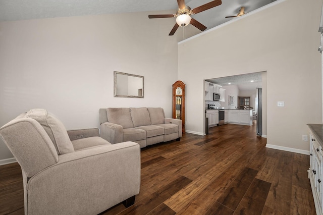 4713 Pompano Ln, Murfreesboro, TN 37128 - living area featuring ceiling fan, dark wood-style floors, and high vaulted ceiling