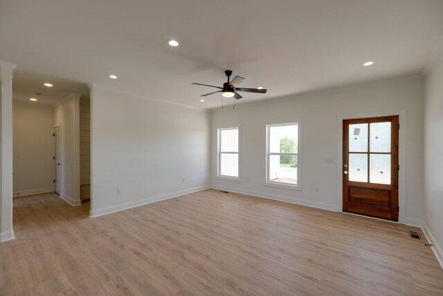 10 Henkle Dr, Loretto, TN 38469 - spare room featuring light wood-type flooring, ceiling fan, recessed lighting, baseboards, and crown molding