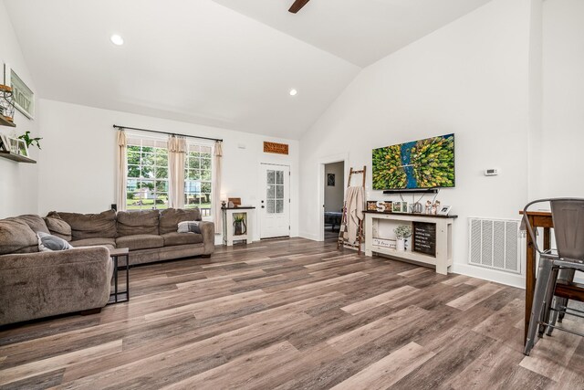 425 Royal Dr, Rock Island, TN 38581 - living area featuring high vaulted ceiling, wood finished floors, recessed lighting, a ceiling fan, and baseboards
