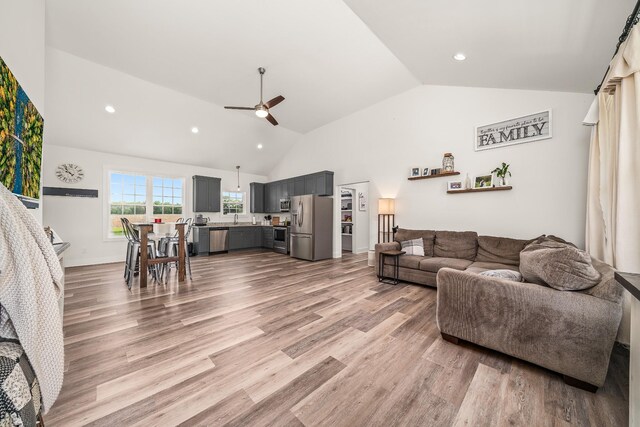 425 Royal Dr, Rock Island, TN 38581 - living room with ceiling fan, light wood finished floors, recessed lighting, and high vaulted ceiling