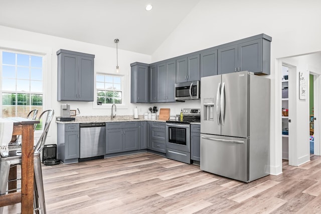 425 Royal Dr, Rock Island, TN 38581 - kitchen with stainless steel appliances, light wood-type flooring, a sink, gray cabinetry, and light stone counters
