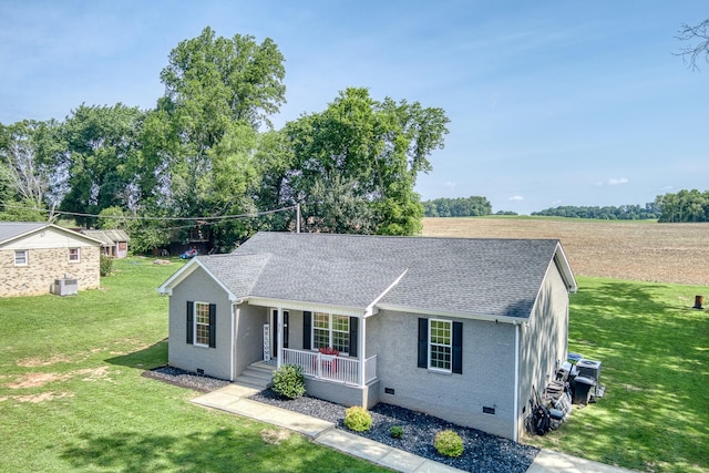 425 Royal Dr, Rock Island, TN 38581 - ranch-style home featuring covered porch, crawl space, a shingled roof, a front yard, and cooling unit
