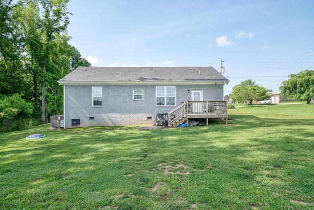 425 Royal Dr, Rock Island, TN 38581 - back of property with crawl space, a wooden deck, a lawn, and stairs