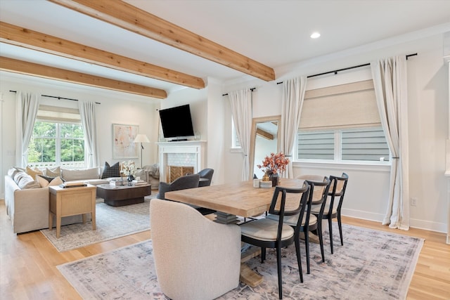 2123 Scott Ave Unit A, Nashville, TN 37216 - dining space with a fireplace, light wood-style flooring, recessed lighting, beamed ceiling, and baseboards