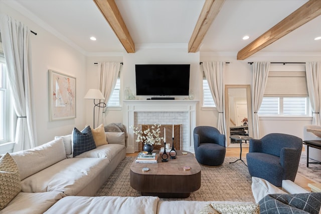 2123 Scott Ave Unit A, Nashville, TN 37216 - living room featuring healthy amount of natural light, wood finished floors, a fireplace, beamed ceiling, and recessed lighting