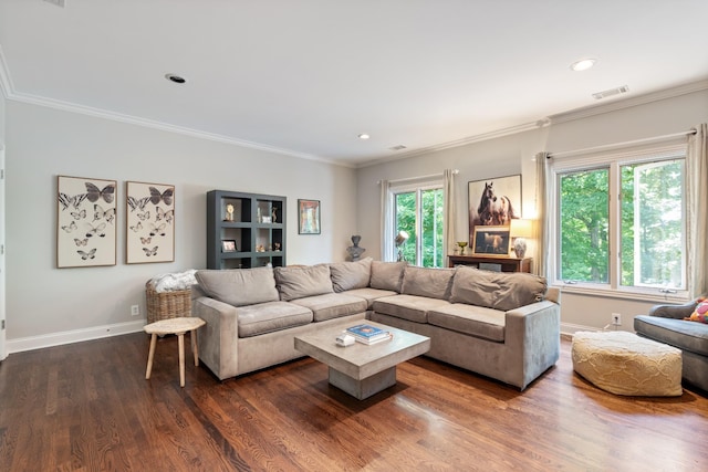 2754 Broyles Ln, Franklin, TN 37069 - living room featuring dark wood-style flooring, crown molding, baseboards, and recessed lighting