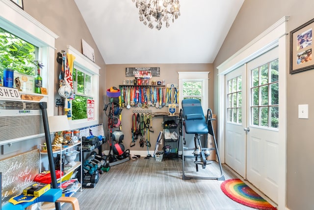 2754 Broyles Ln, Franklin, TN 37069 - office featuring vaulted ceiling, a chandelier, baseboards, and wood finished floors