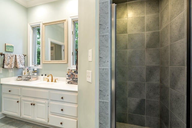 2754 Broyles Ln, Franklin, TN 37069 - bathroom with vanity, a stall shower, and crown molding