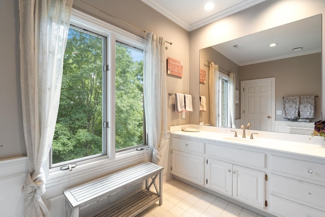 2754 Broyles Ln, Franklin, TN 37069 - bathroom with vanity, ornamental molding, tile patterned flooring, recessed lighting, and wainscoting