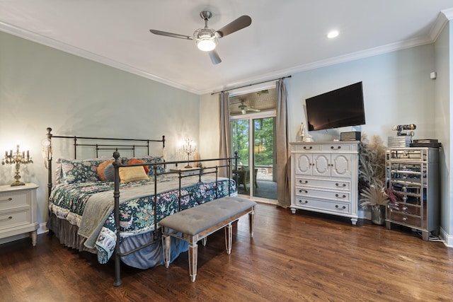 2754 Broyles Ln, Franklin, TN 37069 - bedroom featuring access to exterior, wood finished floors, crown molding, and a ceiling fan