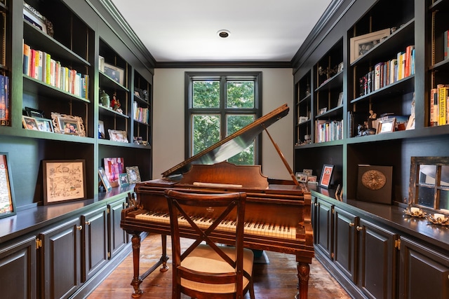 2754 Broyles Ln, Franklin, TN 37069 - living area with ornamental molding, dark wood finished floors, built in shelves, and built in desk