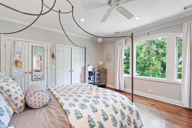 2754 Broyles Ln, Franklin, TN 37069 - bedroom with crown molding, baseboards, wood finished floors, recessed lighting, and ceiling fan