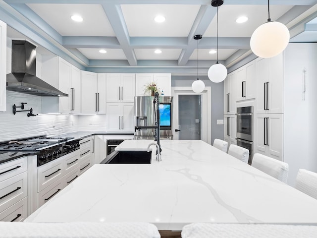 1288 Rogues Fork Rd, Bethpage, TN 37022 - kitchen featuring wall chimney exhaust hood, appliances with stainless steel finishes, beamed ceiling, coffered ceiling, and recessed lighting