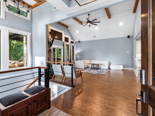 1288 Rogues Fork Rd, Bethpage, TN 37022 - entrance foyer featuring beam ceiling, wood finished floors, ceiling fan, high vaulted ceiling, and recessed lighting