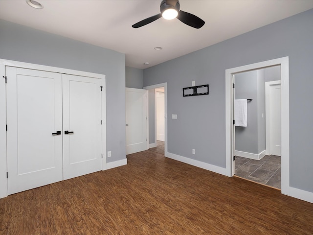 1288 Rogues Fork Rd, Bethpage, TN 37022 - unfurnished bedroom with wood finished floors, a closet, a ceiling fan, ensuite bath, and recessed lighting