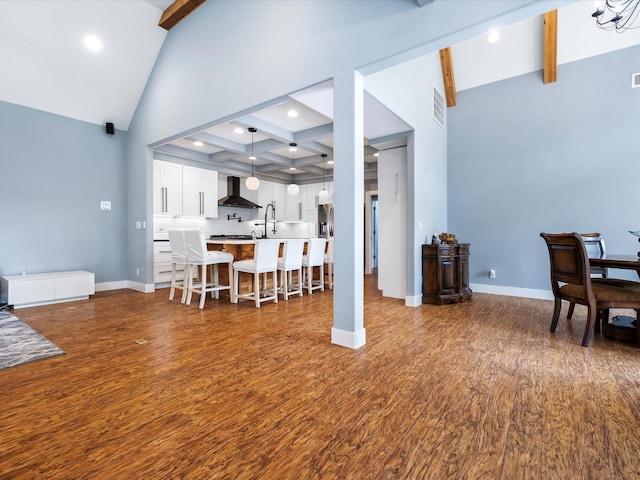 1288 Rogues Fork Rd, Bethpage, TN 37022 - living room with beamed ceiling, high vaulted ceiling, dark wood-style flooring, and recessed lighting