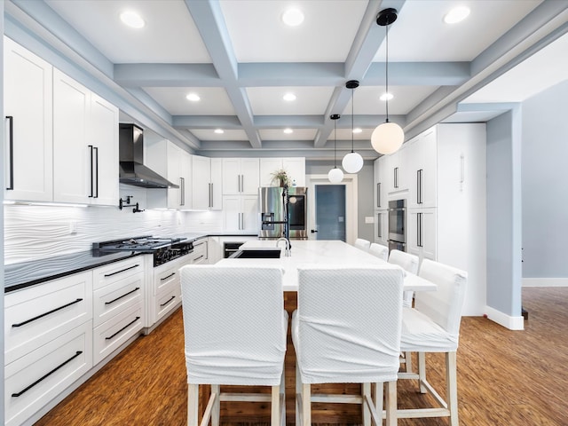 1288 Rogues Fork Rd, Bethpage, TN 37022 - kitchen featuring wall chimney exhaust hood, stainless steel appliances, beam ceiling, recessed lighting, and white cabinetry