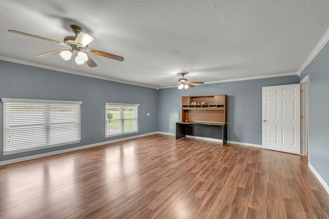 135 Carter Rd, Winchester, TN 37398 - unfurnished living room with a ceiling fan, a textured ceiling, wood finished floors, ornamental molding, and baseboards