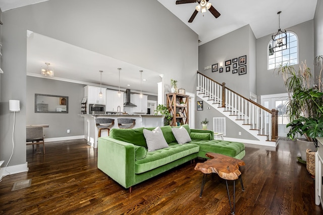 541 Piccadilly Dr, Murfreesboro, TN 37128 - living room featuring a towering ceiling, ceiling fan, stairs, and dark wood finished floors