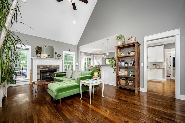 541 Piccadilly Dr, Murfreesboro, TN 37128 - living area with high vaulted ceiling, ceiling fan, a fireplace, wood finished floors, and plenty of natural light