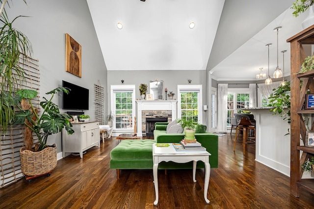 541 Piccadilly Dr, Murfreesboro, TN 37128 - living room featuring high vaulted ceiling, a fireplace, dark wood-type flooring, and plenty of natural light