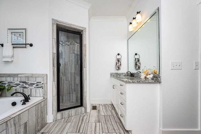 541 Piccadilly Dr, Murfreesboro, TN 37128 - full bathroom featuring vanity, a shower stall, a bath, and crown molding