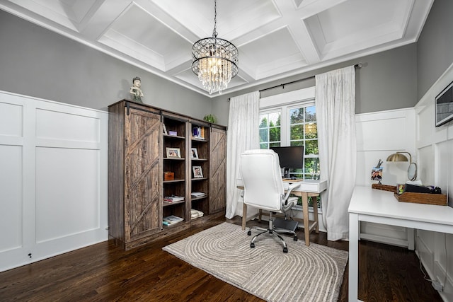 541 Piccadilly Dr, Murfreesboro, TN 37128 - home office with coffered ceiling, wood finished floors, a chandelier, a decorative wall, and beamed ceiling