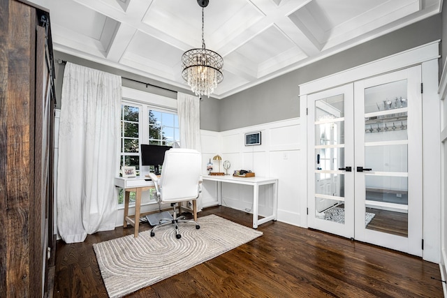 541 Piccadilly Dr, Murfreesboro, TN 37128 - home office with coffered ceiling, french doors, a decorative wall, wood finished floors, and a chandelier