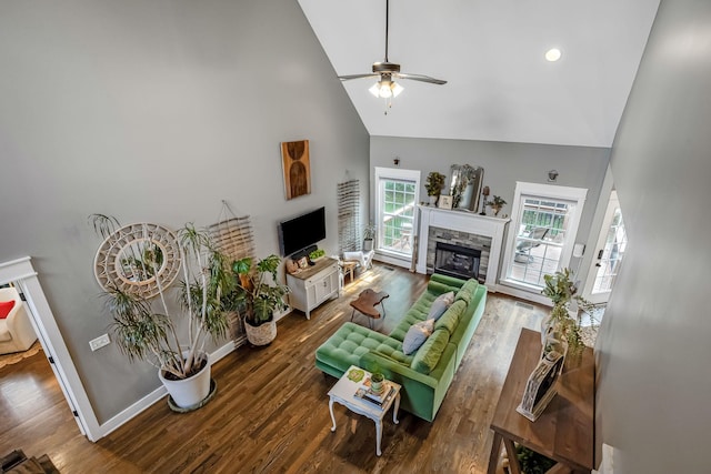 541 Piccadilly Dr, Murfreesboro, TN 37128 - living area with high vaulted ceiling, a stone fireplace, ceiling fan, and wood finished floors