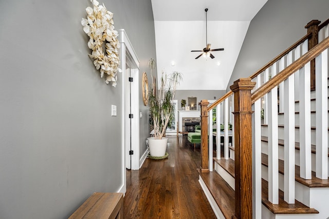 541 Piccadilly Dr, Murfreesboro, TN 37128 - foyer with wood finished floors, a ceiling fan, a fireplace, stairs, and high vaulted ceiling